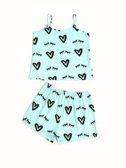 Heart Print Lounge Set Cami Top & Shorts Women's Loungewear