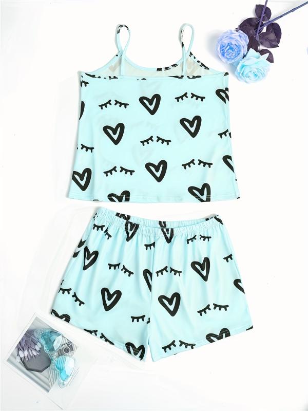 Heart Print Lounge Set Cami Top & Shorts Women's Loungewear