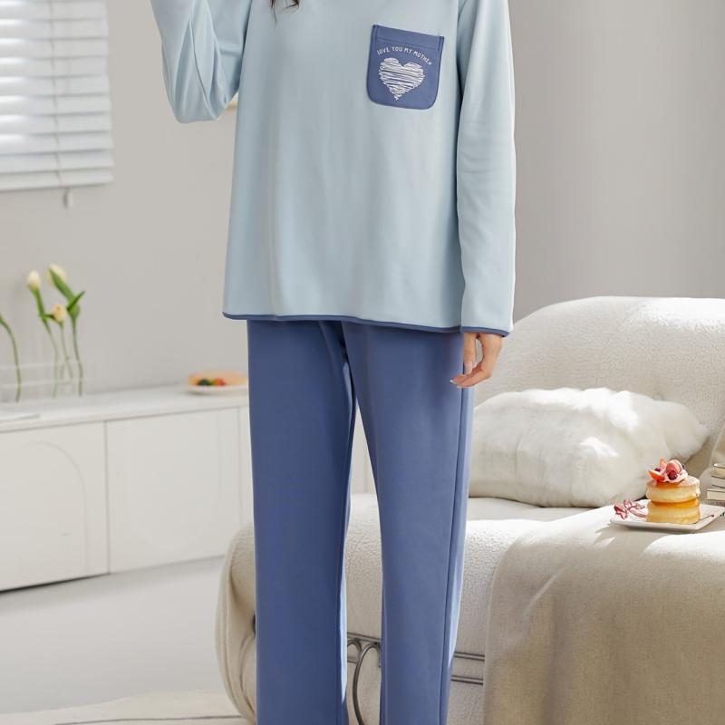 Heart Print Lounge Set Long Sleeve Crew Neck Top & Elastic Waistband Pants