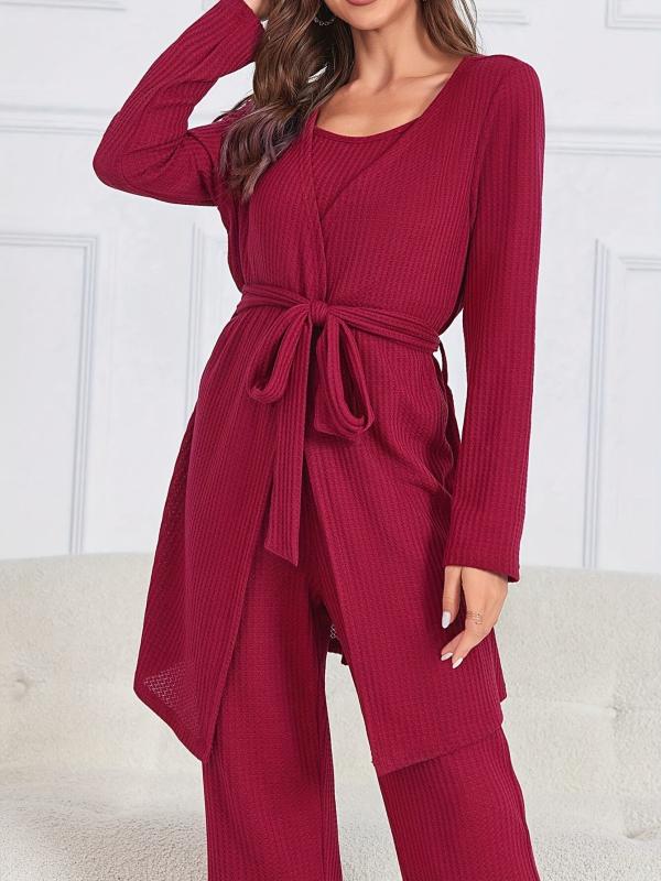 Solid Lounge Set Crew Neck Cami Top & Belted Robe & Loose Pants