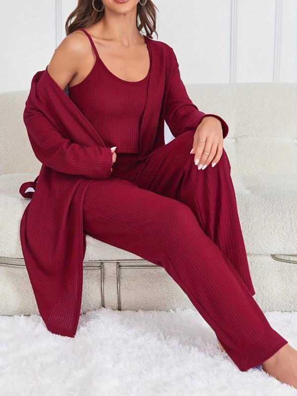 Solid Lounge Set Crew Neck Cami Top & Belted Robe & Loose Pants
