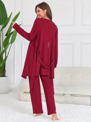 Solid Lounge Set Crew Neck Cami Top & Belted Robe & Loose Pants