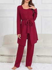 Solid Lounge Set Crew Neck Cami Top & Belted Robe & Loose Pants