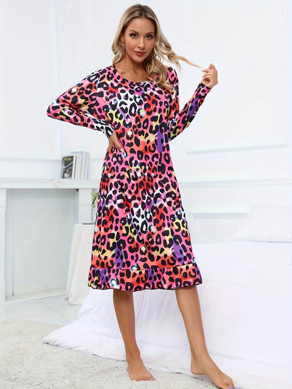 Leopard Lounge Dress Ruffle Home Dress Women's Loungewear