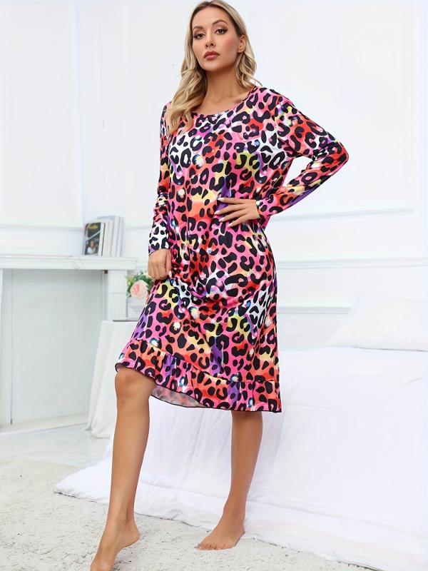 Leopard Lounge Dress Ruffle Home Dress Women's Loungewear