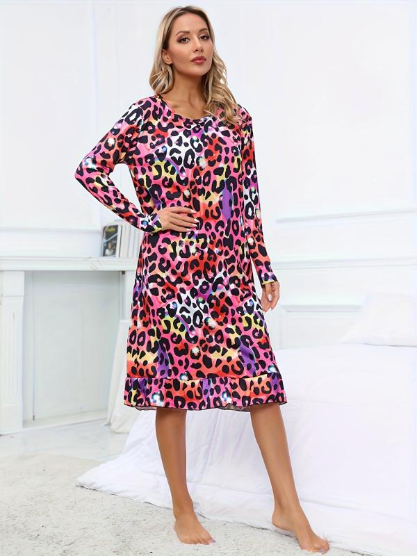 Leopard Lounge Dress Ruffle Home Dress Women's Loungewear