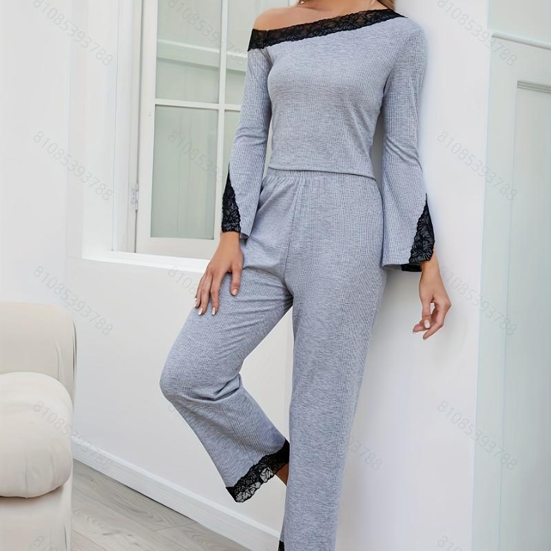 Lace Lounge Set Off Shoulder Top & Pants Women's Loungewear