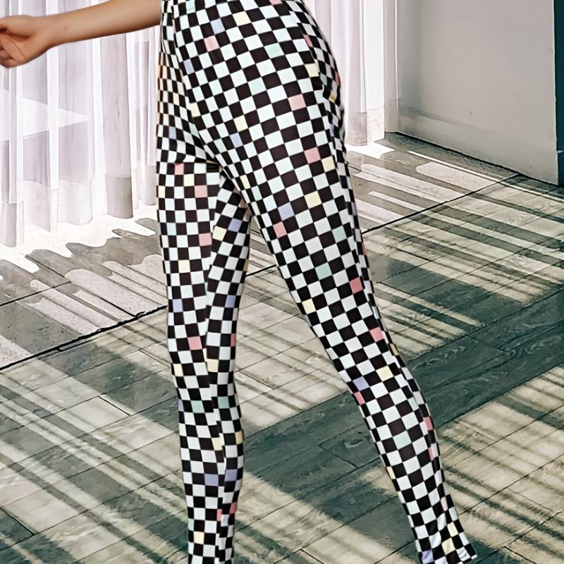 Colorblock Plaid Lounge Pants Soft Elastic Waistband Womens Loungewear