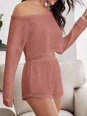 Waffle Lounge Set Long Sleeve Top & Shorts Women's Sleepwear