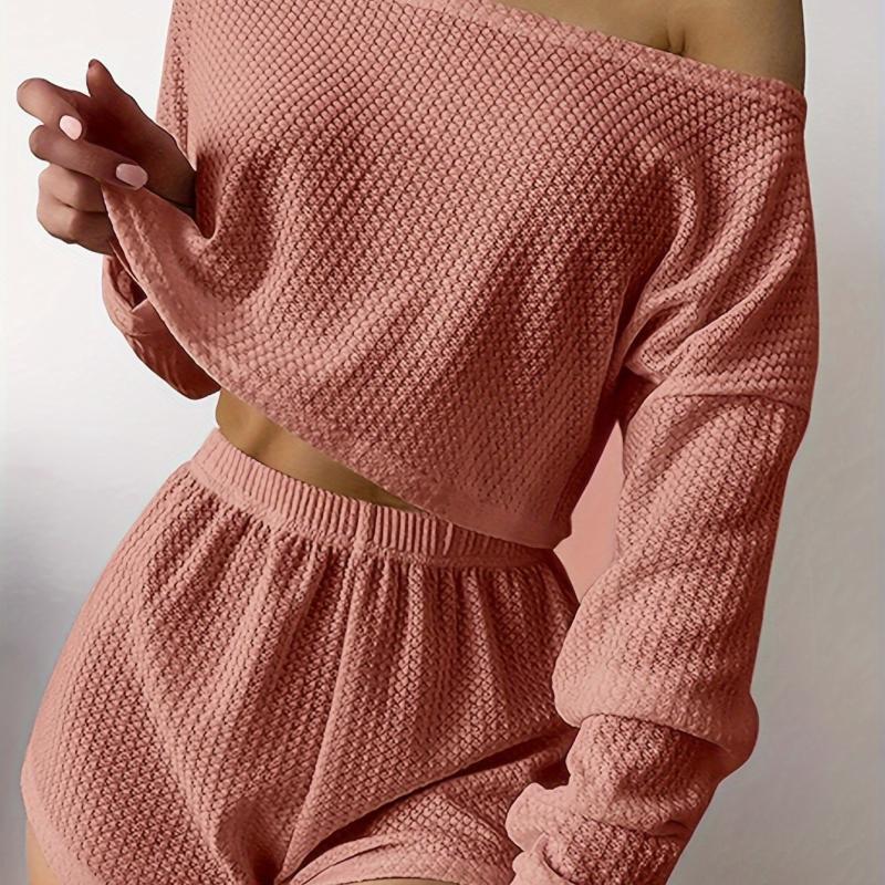 Waffle Lounge Set Long Sleeve Top & Shorts Women's Sleepwear