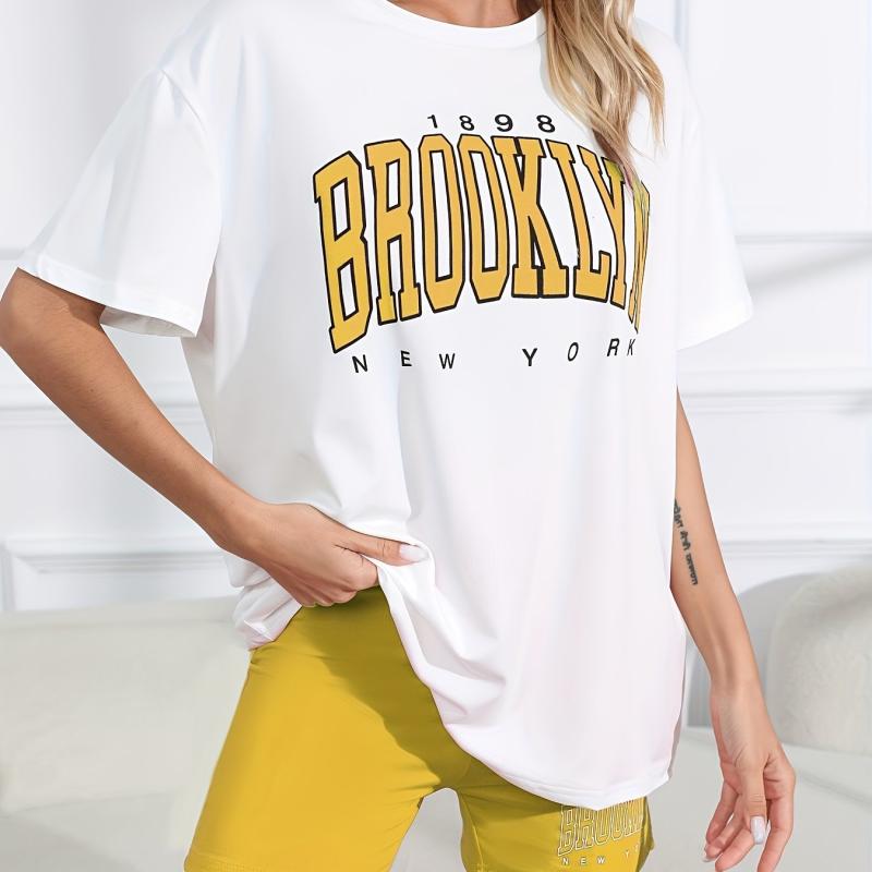 Letter Print Lounge Set Crew Neck Tee Top & Shorts Women's Loungewear