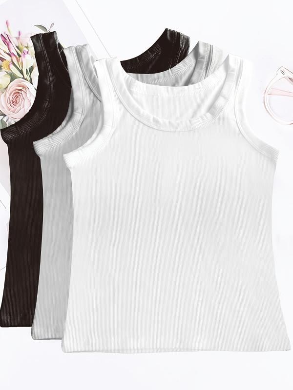 3pcs Ribbed Tank Tops Sleeveless Crew Neck Women's Lingerie