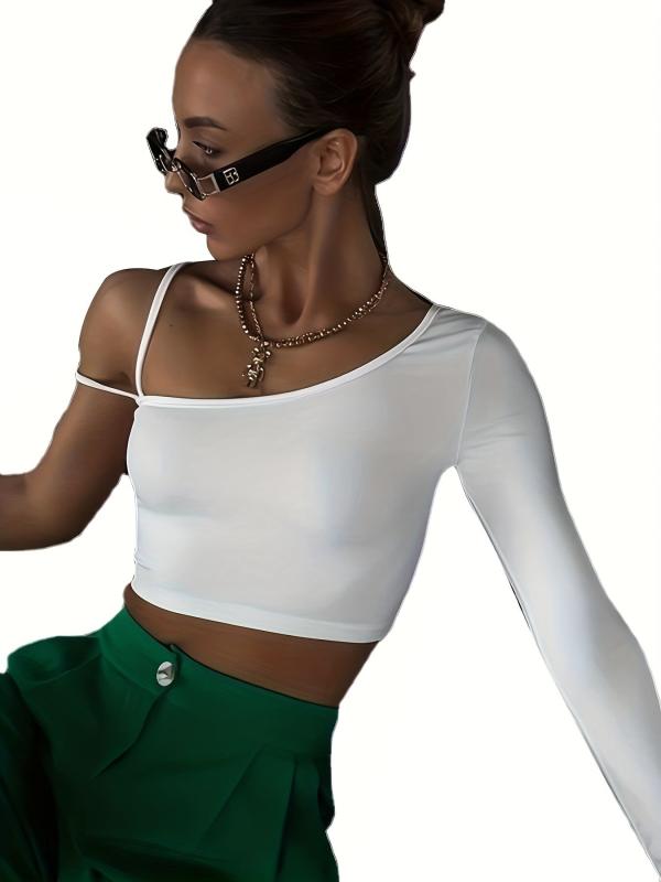 Solid Crop Top Asymmetric Sleeve Hollow Out Top Women's Lingerie