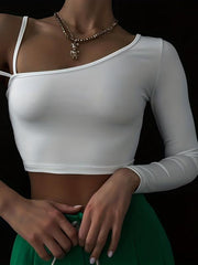 Solid Crop Top Asymmetric Sleeve Hollow Out Top Women's Lingerie