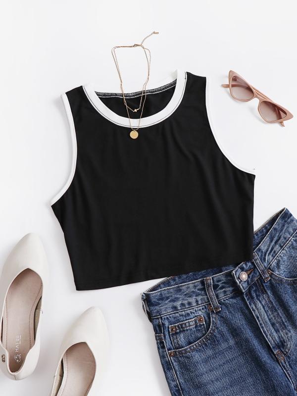 Colorblock Trim Tank Top Sleeveless Crew Neck Casual Comfy Top