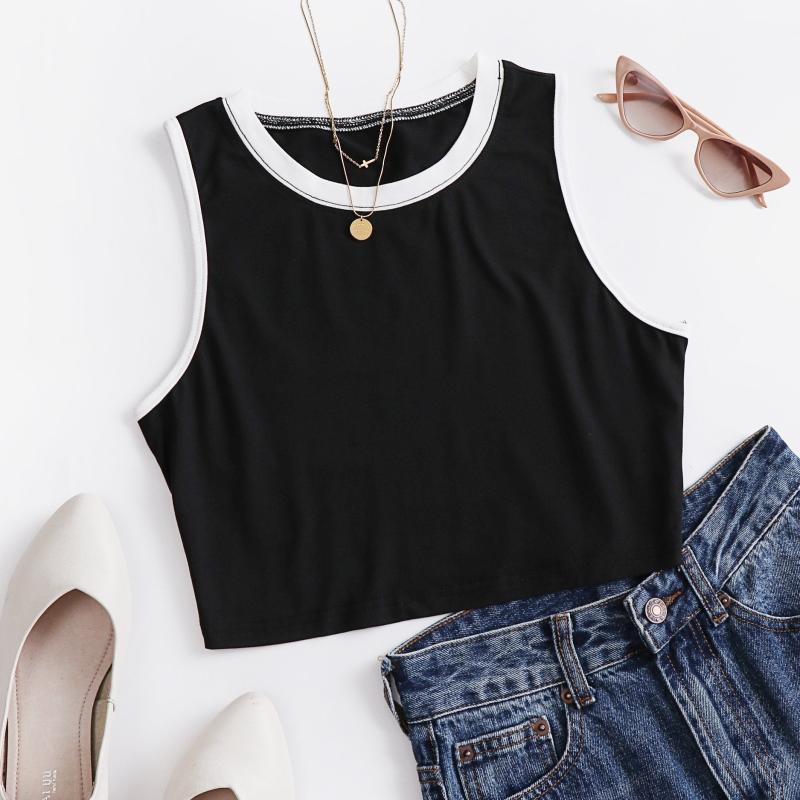 Colorblock Trim Tank Top Sleeveless Crew Neck Casual Comfy Top