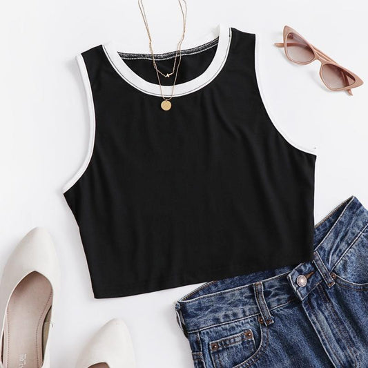 Colorblock Trim Tank Top Sleeveless Crew Neck Casual Comfy Top