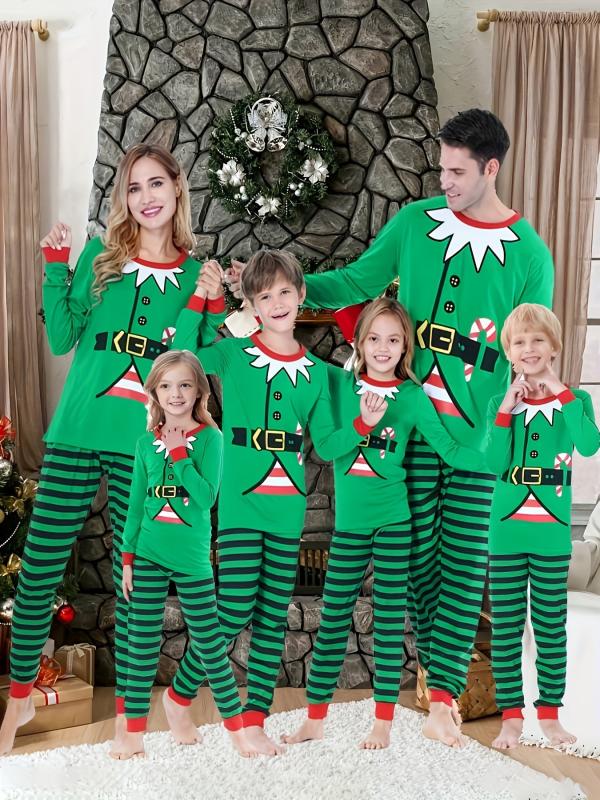 Christmas Print Lounge Set Crew Neck Top & Striped Pants
