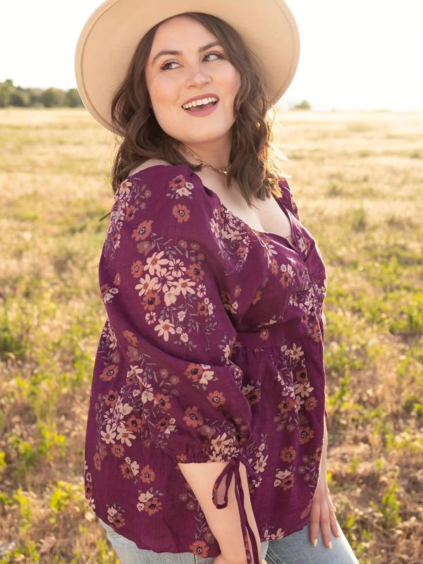 Women's Plus Floral Print Bubble Sleeve Blouse