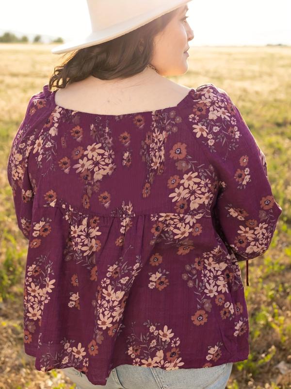 Women's Plus Floral Print Bubble Sleeve Blouse