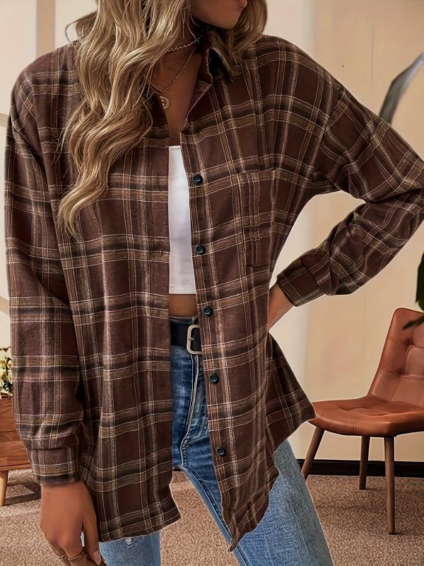 Women's Plus Plaid Print Long Sleeve Button Up Lapel Collar Shirt