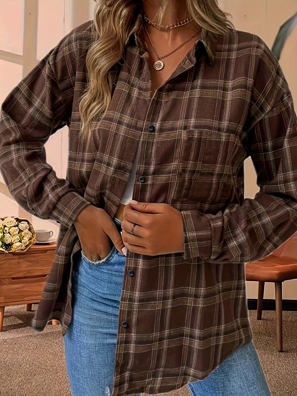 Women's Plus Plaid Print Long Sleeve Button Up Lapel Collar Shirt