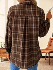 Women's Plus Plaid Print Long Sleeve Button Up Lapel Collar Shirt