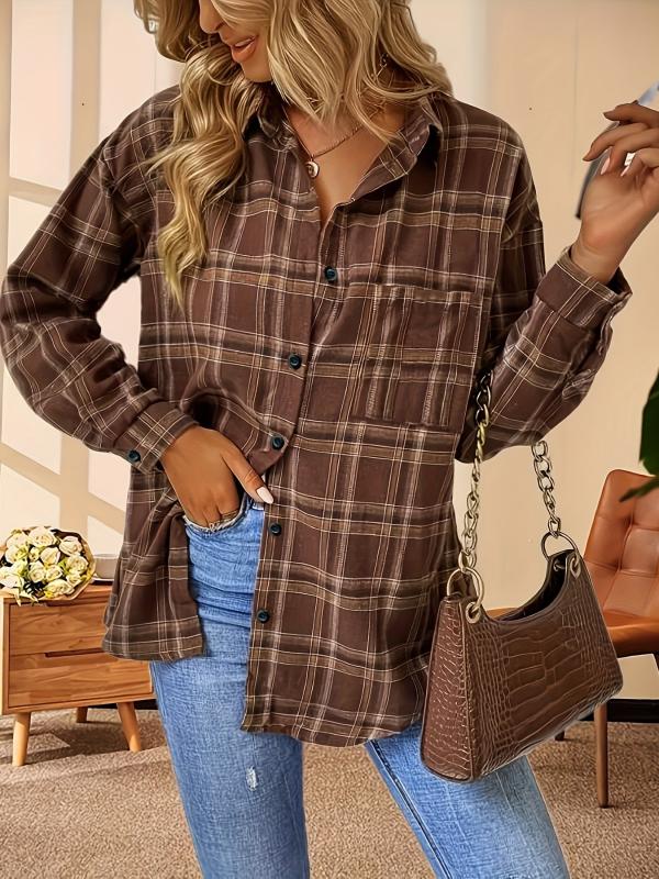 Women's Plus Plaid Print Long Sleeve Button Up Lapel Collar Shirt