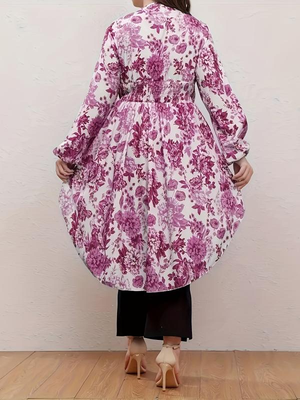 Floral Print Lantern Sleeve V Neck Nipped Waist Tunic Top