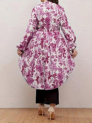 Floral Print Lantern Sleeve V Neck Nipped Waist Tunic Top