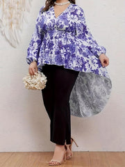 Floral Print Lantern Sleeve V Neck Nipped Waist Tunic Top