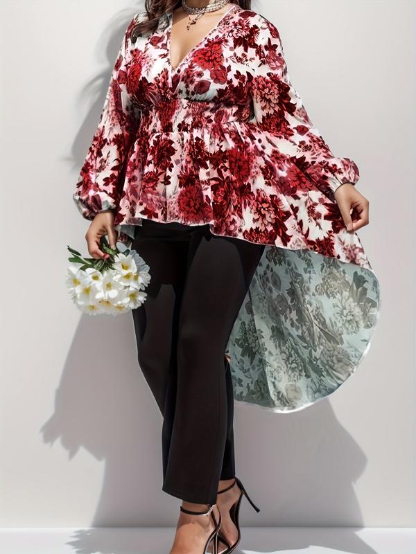 Floral Print Lantern Sleeve V Neck Nipped Waist Tunic Top