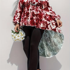 Floral Print Lantern Sleeve V Neck Nipped Waist Tunic Top