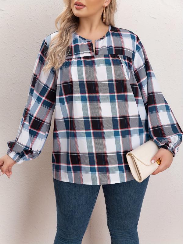 Women's Plus Size Plaid Print Lantern Sleeve Blouse