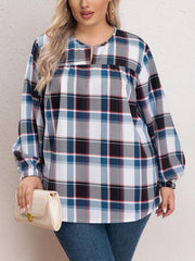 Women's Plus Size Plaid Print Lantern Sleeve Blouse