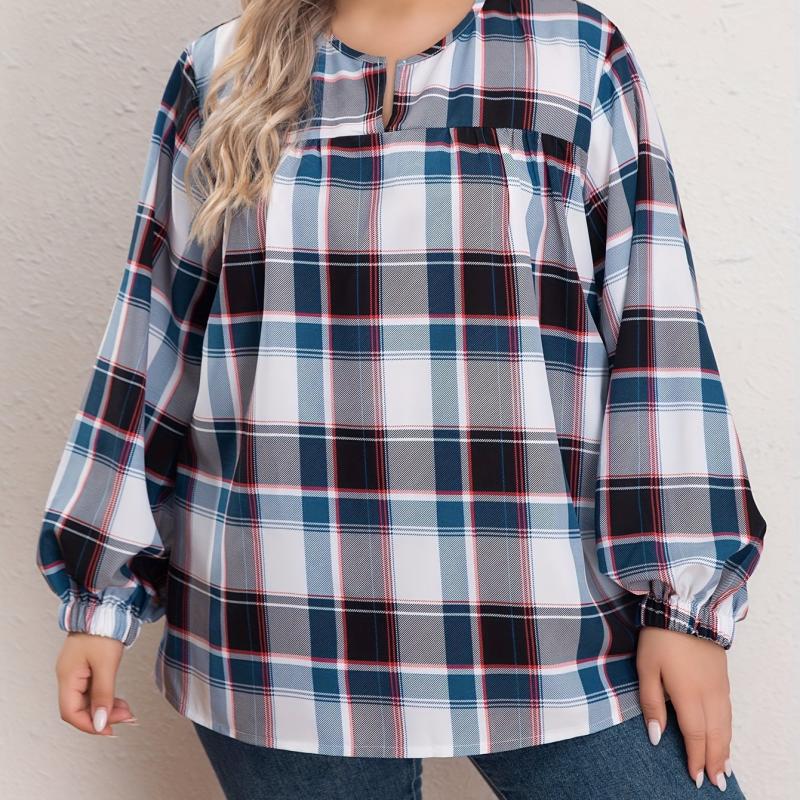 Women's Plus Size Plaid Print Lantern Sleeve Blouse
