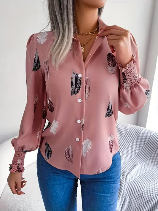 Women's Plus Feather Print Lantern Sleeve Blouse