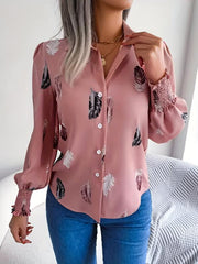Women's Plus Feather Print Lantern Sleeve Blouse
