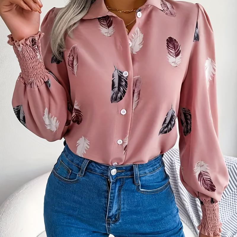 Women's Plus Feather Print Lantern Sleeve Blouse
