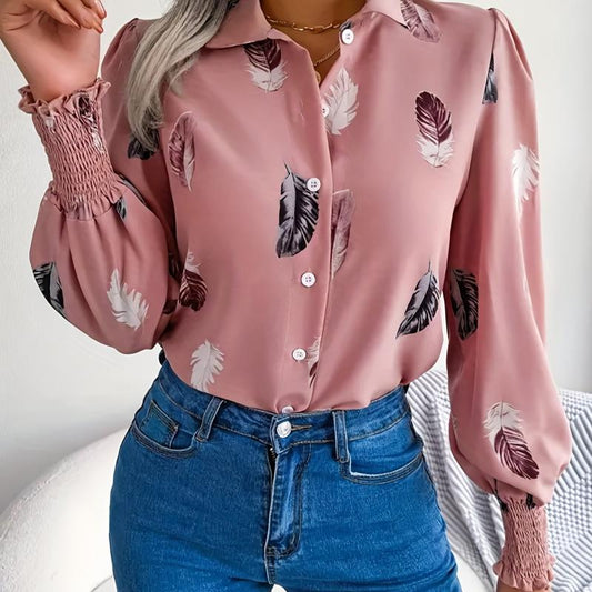 Women's Plus Feather Print Lantern Sleeve Blouse