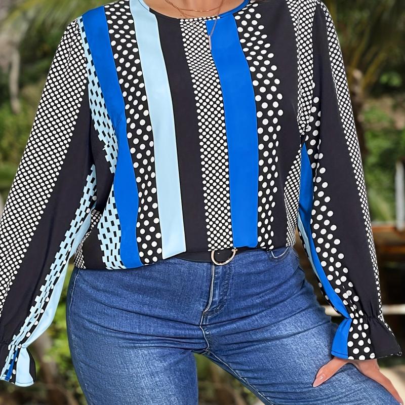 Women's Plus Stripe & Polka Dot Print Long Sleeve Ruffle Trim Top