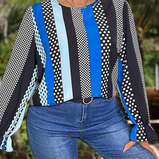 Women's Plus Stripe & Polka Dot Print Long Sleeve Ruffle Trim Top