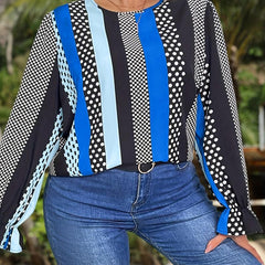Women's Plus Stripe & Polka Dot Print Long Sleeve Ruffle Trim Top
