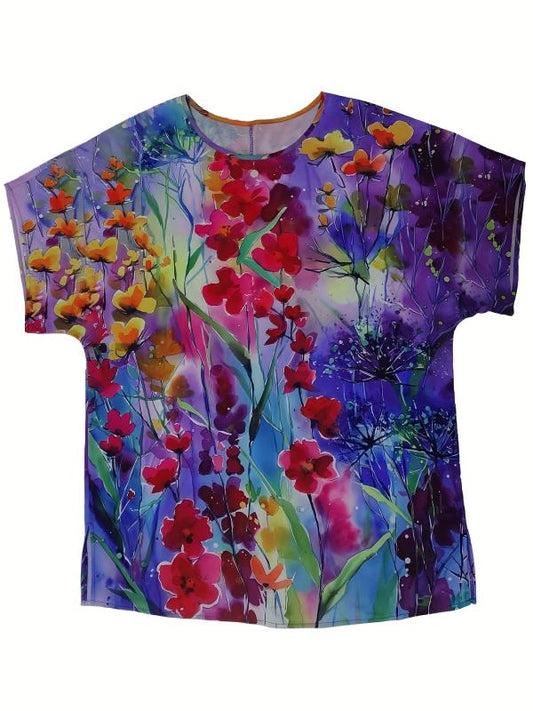 Floral Painting Short Sleeve Tee for Plus Size Women