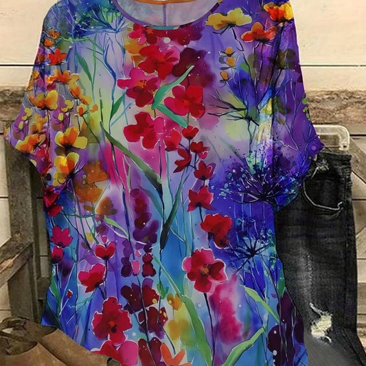 Floral Painting Short Sleeve Tee for Plus Size Women
