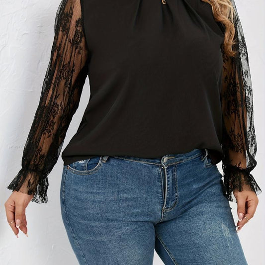 Floral Jacquard Lace Long Sleeve Top + Ruched Neck