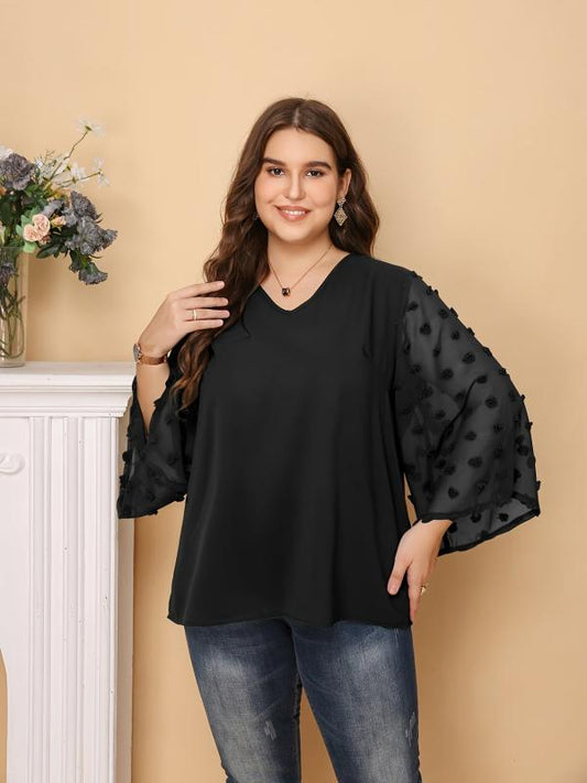 Solid Pompom Decor Contrast Mesh Long Sleeve Top Plus V Neck