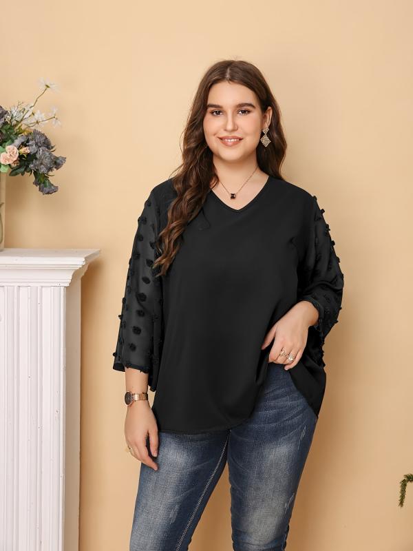 Solid Pompom Decor Contrast Mesh Long Sleeve Top Plus V Neck