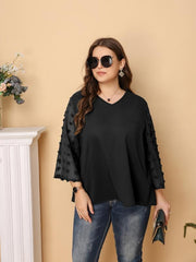 Solid Pompom Decor Contrast Mesh Long Sleeve Top Plus V Neck