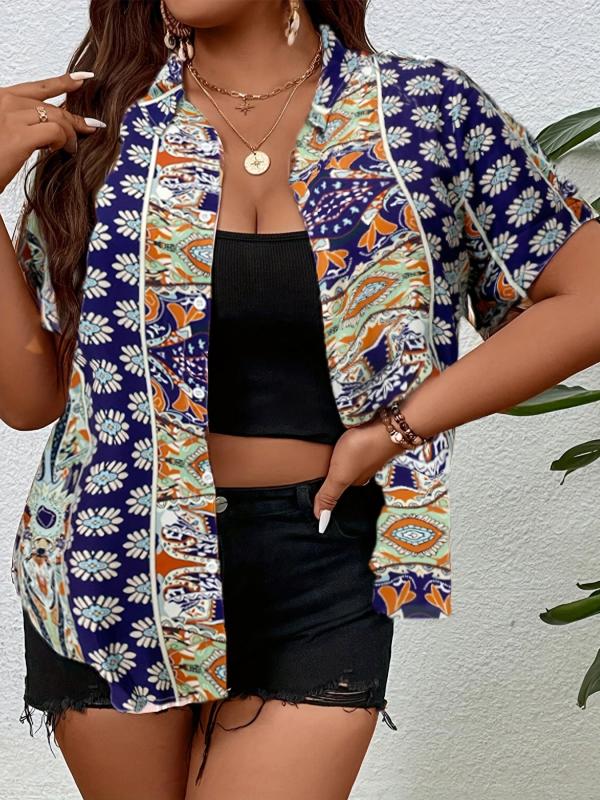 Boho Floral Print Plus Size Blouse